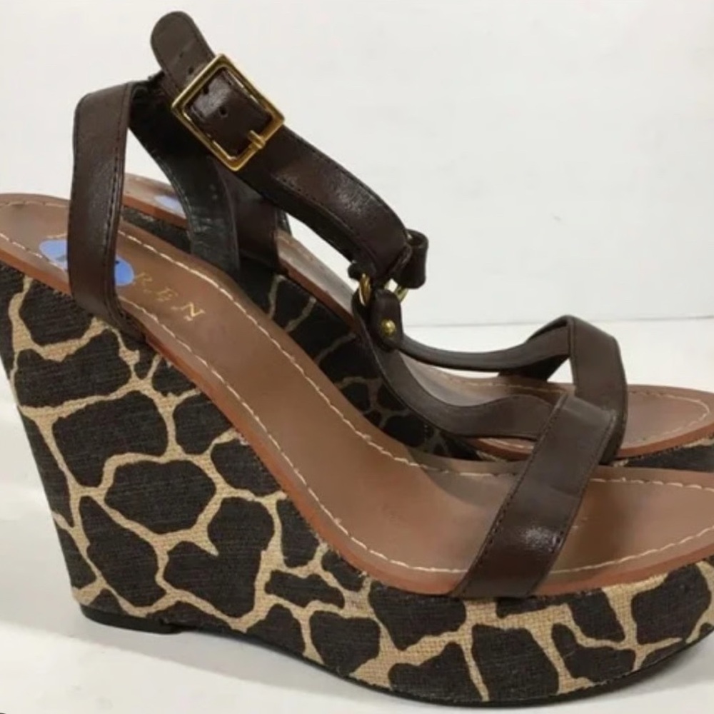 Ralph Lauren Brown Wedge Sandals with Safari Print
